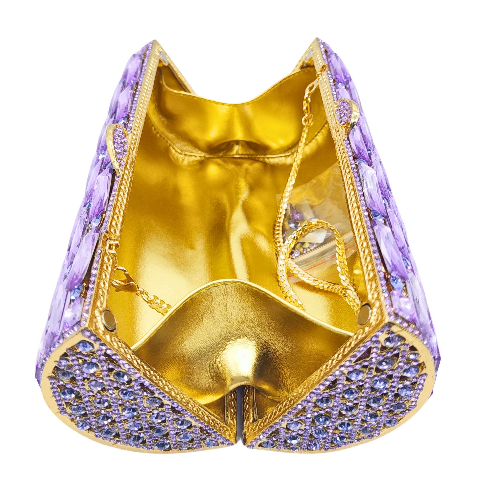Túi clutch nữ đính kim cương hộp cứng cầm tay dạ tiệc — Hoa violet, Vàng Pha Lê, Nền vàng kim cương trắng, Vàng kim AB