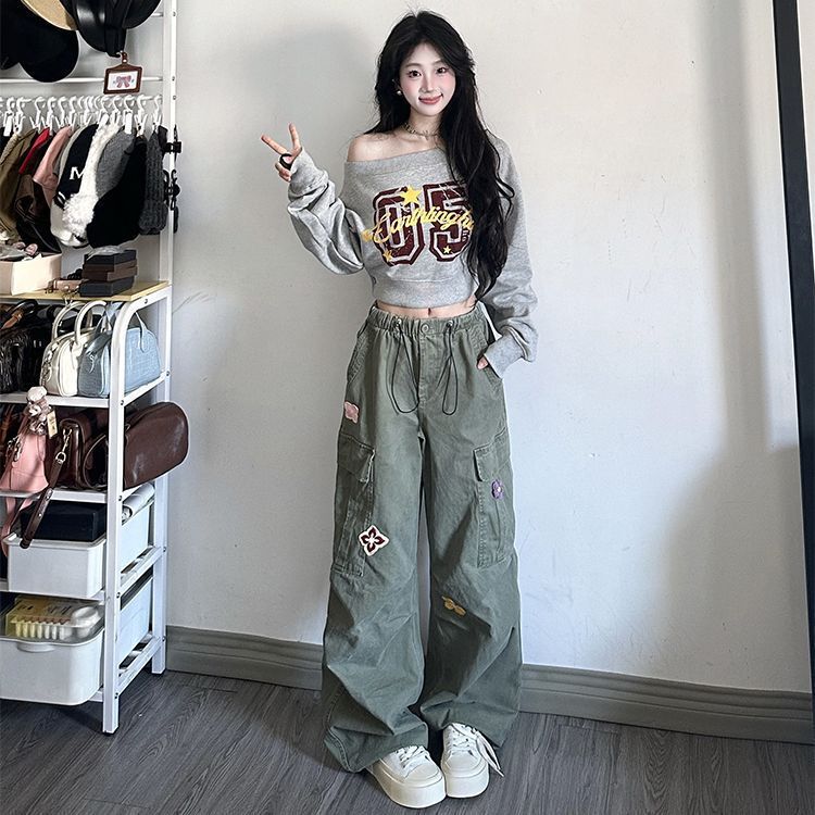 辣妹斜领露肩长袖卫衣女秋季新款数字印花图案短款露脐设计感上衣|undefined