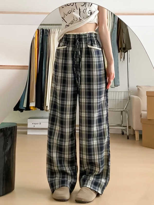 蕾丝花边格子阔腿裤女秋季薄新款高腰显瘦宽松百搭垂感直筒拖地裤|undefined