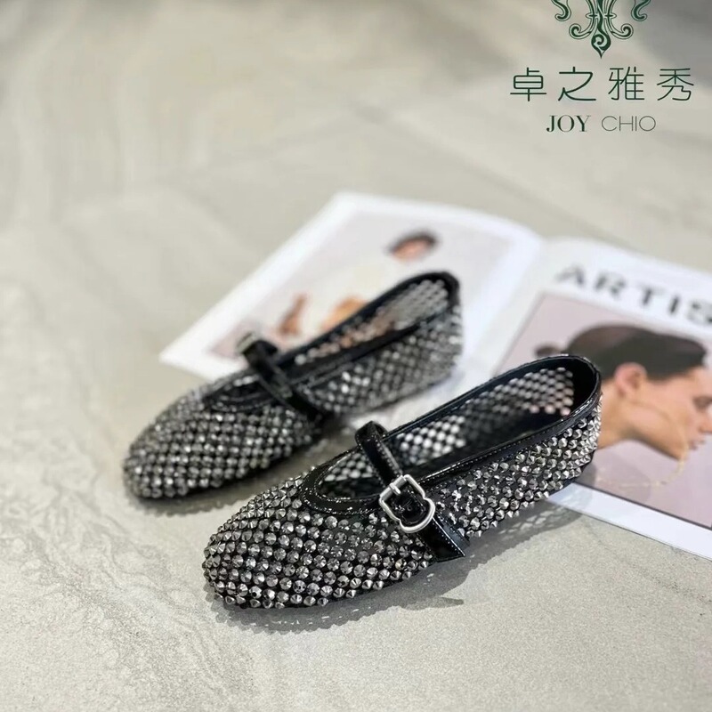 Star with Mesh Buckle Ballet Shoes Women's Full Diamond Flat Shoes Hollow Mary Jane Shoes Fishing Net Shoes