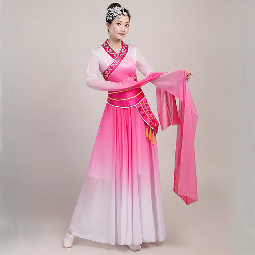 open lace back dress Pink Chinese folk Classical dance costume for women girls festival fairy  lotus dance umbrella dance dresses yangko wear  Moderndancedress.com
