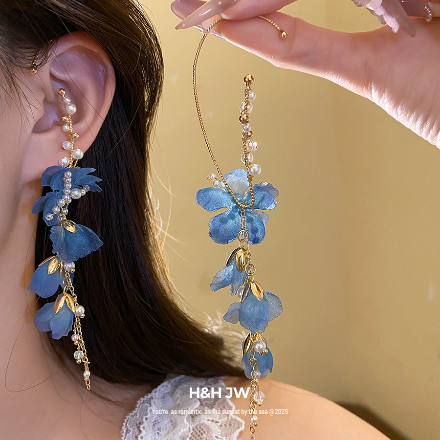 Seaside Resort Style Pearl Chiffon Flower Tassel Earrings, Fresh and Sweet Temperament Earrings, Light Luxury and High-End Earrings for Women