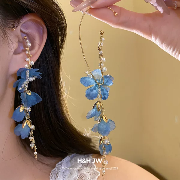 Seaside Resort Style Pearl Chiffon Flower Tassel Earrings, Fresh and Sweet Temperament Earrings, Light Luxury and High-End Earrings for Women