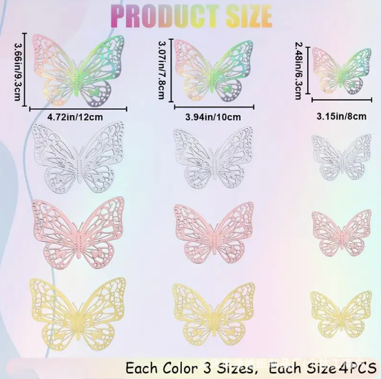 12 pegatinas doradas de mariposas huecas para pared, pegatinas de mariposas para decoración de paredes del hogar, pegatinas creativas de mariposas.