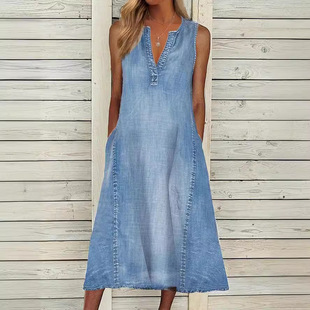 2024 Amazon Independent Station Summer European and American New Pure Color Sleeveless V Neck Loose Casual Denim Dress