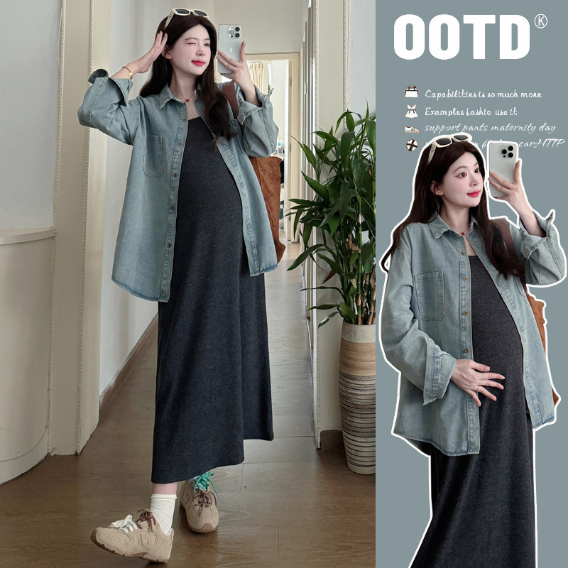 Real Shot Simple Denim 2-piece Set plus size Casual suit Pregnant Women Denim suit