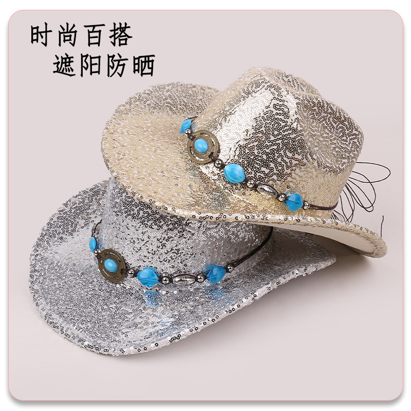 Outdoor spring and summer fashion all-match western style gem necklace jazz hat sequins polyester fiber sunshade cowboy hat