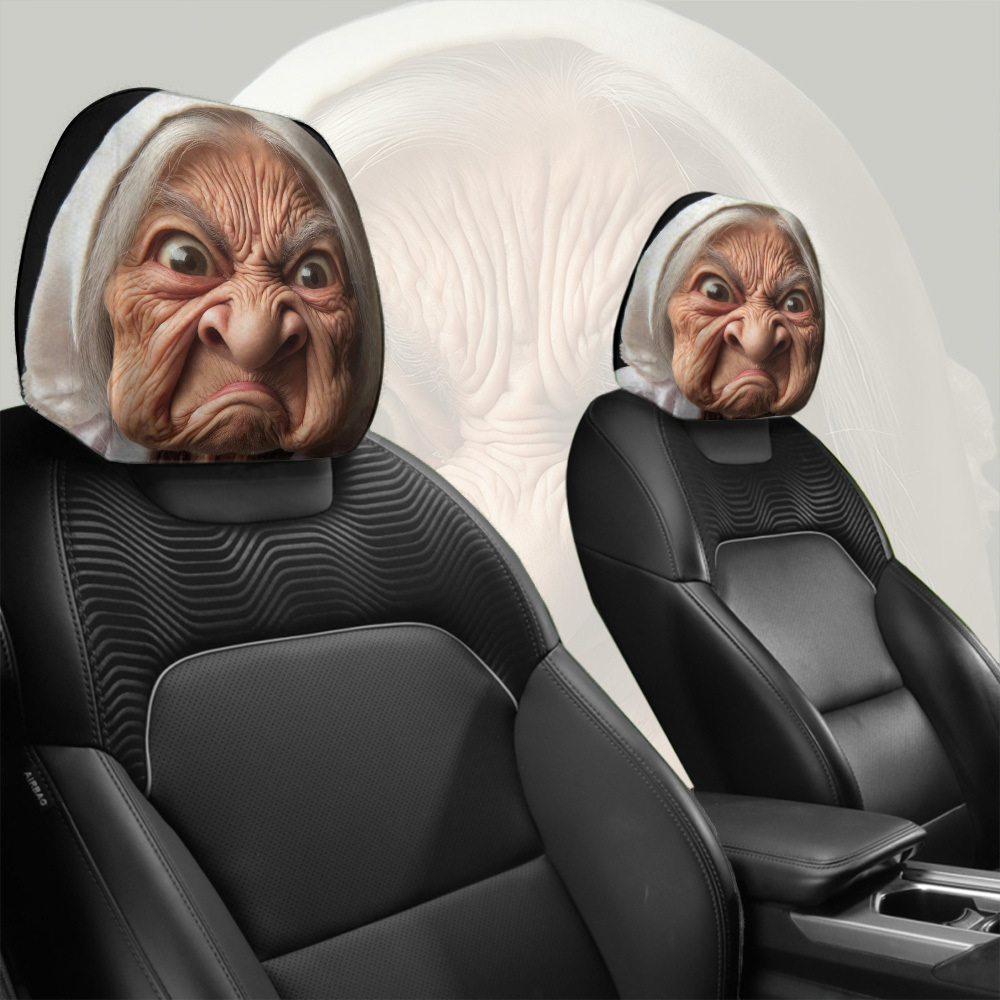 Car headrest cover with a fun old lady face personalized print, universal car pillowcase, can be customized with labels and made according to provided images