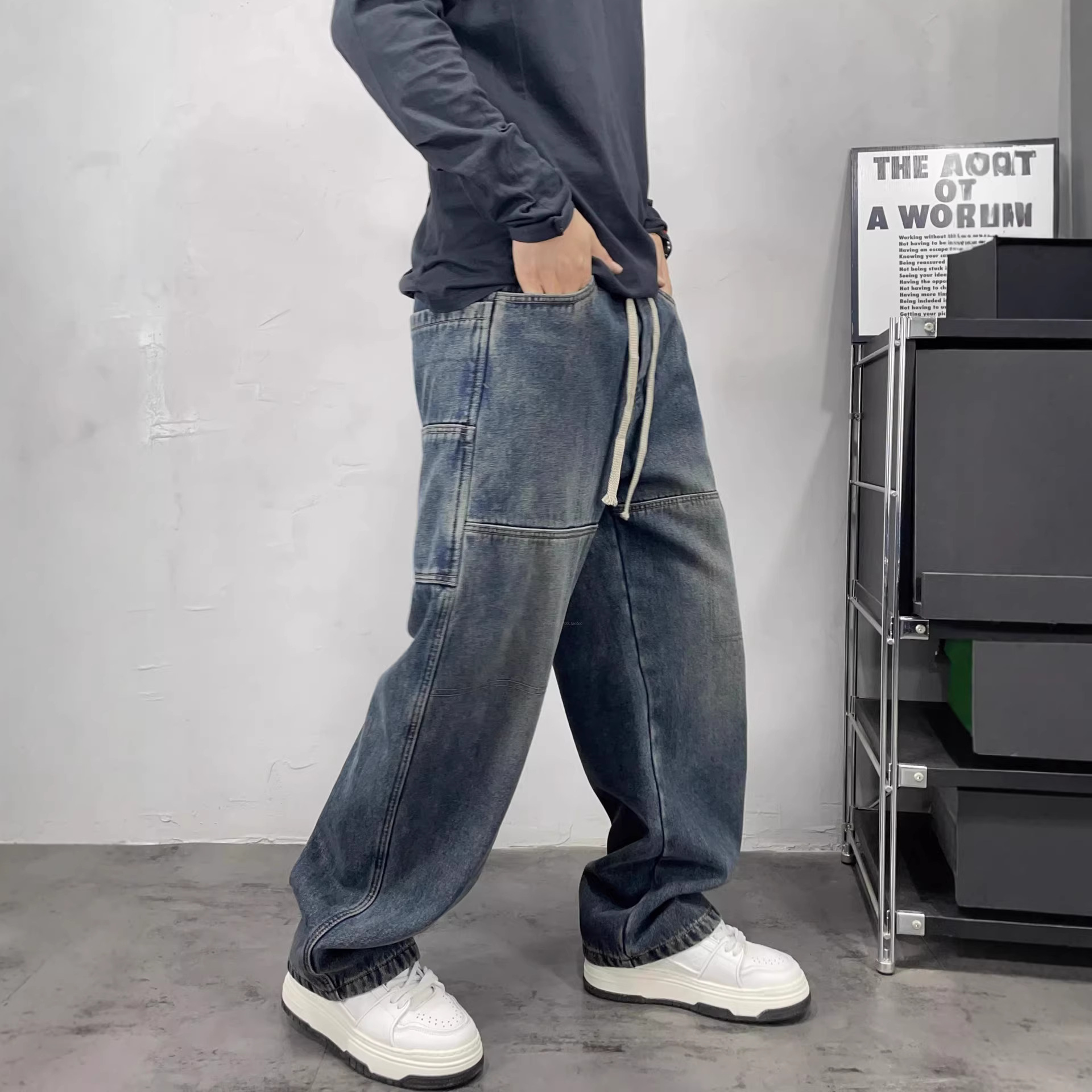 Men's High-Waisted Color-Block Jeans Blue & Black Loose Wide-Leg Straight Pants Hip Hop Style European American Trendy Brand_mkmklike.com