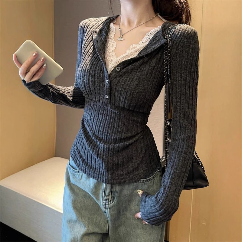 2025 New Autumn Clothing for Fat mm Plus Size Women's Design Pit Strip Splicing Lace Chic Slim Knitted Top