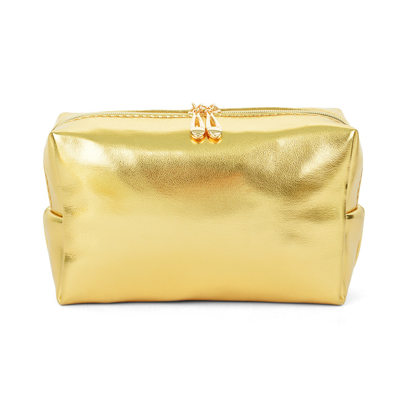 Oro brillante completo pu textura de mano bolso cosmético de alto aspecto ligero de lujo simple almacenamiento portátil y organización bolsa de cosméticos