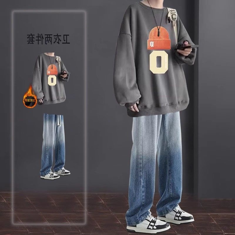 卫衣痞帅套装男士秋冬款潮牌炸街高级感一套穿搭配牛仔裤学生男装