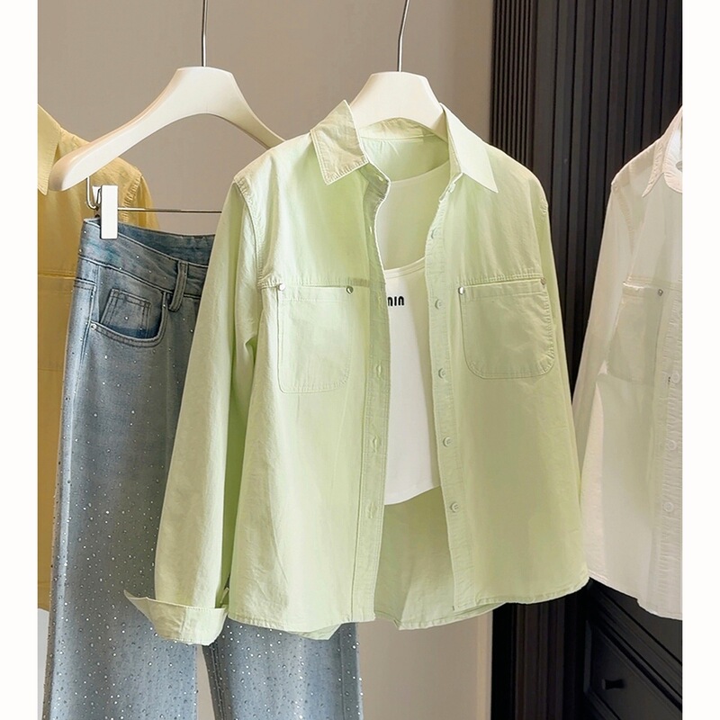2026 Spring New Style Cream Yellow Cotton Long-Sleeved Shirt for Women, Loose and Versatile, Work Clothing, Sun Protection, Lapel Shirt, Women's Top
