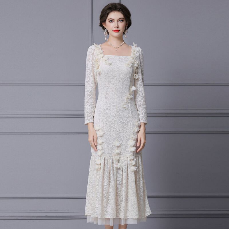 Zhili's Stunning Early Autumn Dress 2026 New Model White Lace Three-Dimensional Floral Slim-Fit Long Mermaid Dress Zhili's Stunning Early Autumn Dress 2026 New Model White Lace Three-Dimensional Floral Slim-Fit Long Mermaid Dress