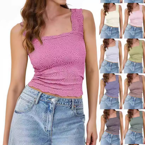Cross-border foreign trade summer European and American clothing tops high elastic tight jacquard square collar sleeveless vest women's tops
