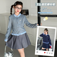 桔子虎女童假两件套装2025春装新款女孩甜美荷叶边长袖学院风百褶