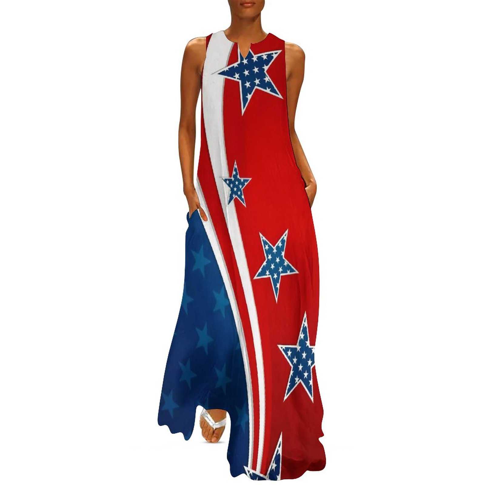 2023新款3D数码印花美国国旗蓝色高腰气质通勤长裙连衣裙
