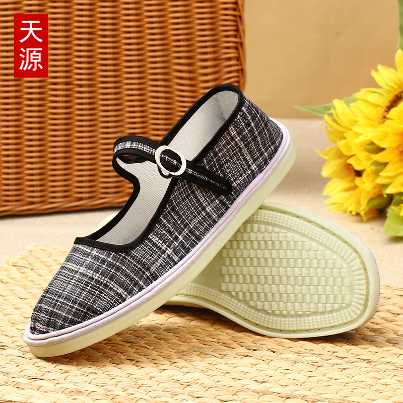 Tendón de res, suela de tendón de res, línea hecha a mano, lona a cuadros, zapatos de costura con hebilla de punta redonda para damas, zapatos casuales planos, nuevo estilo image 2