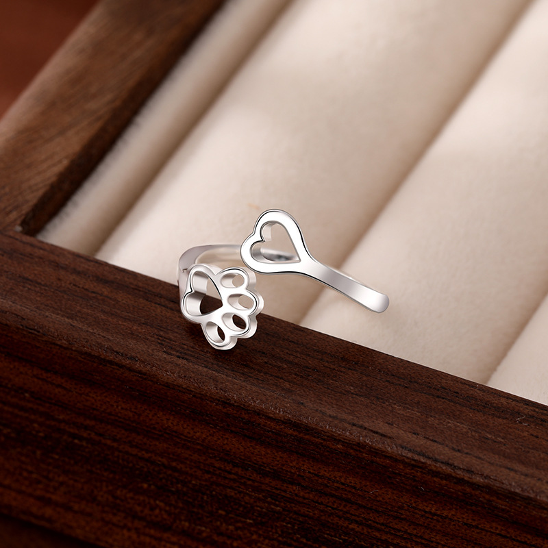 TEMU transfronterizo Amazon 925 plata esterlina hueco garra de gato impresa huella de perro anillo de dedos de cola abierto anillo de articulación femenina