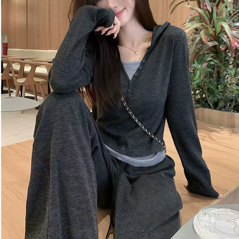 Толстовка с капюшоном, спортивный костюм для женщин, весенне-осенний модный топ для бега в корейском стиле, повседневный костюм с широкими брюками для женщин