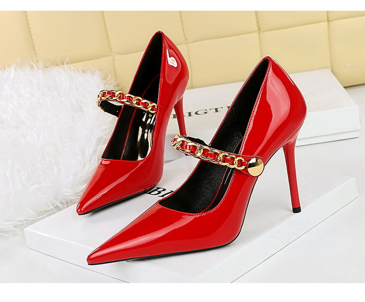 High heels women's shoes slim heels patent leather shallow mouth pointed metal chain line with single shoes_voghion.com