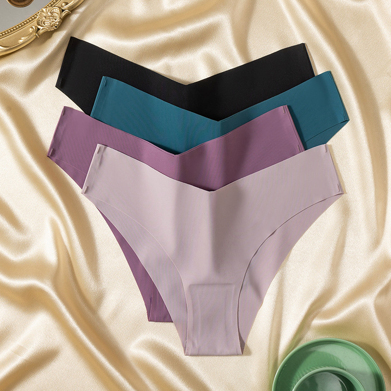 Ice Silk Seamless Women's Fashion V-Cut Briefs Solid Color Breathable Fabric Plus Size Panties Hot Cross-Border