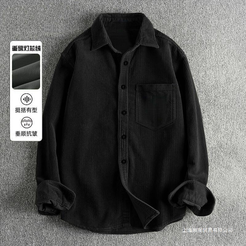 Men's Corduroy American Shirt Spring and Autumn Loose Top Long-Sleeved Retro Shirt Outer Wear Large Size Jacket Lapel