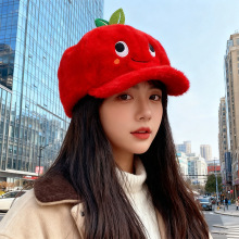 卡通红色苹果毛绒鸭舌帽子女秋冬甜美百搭显脸小棒球帽保暖防寒帽