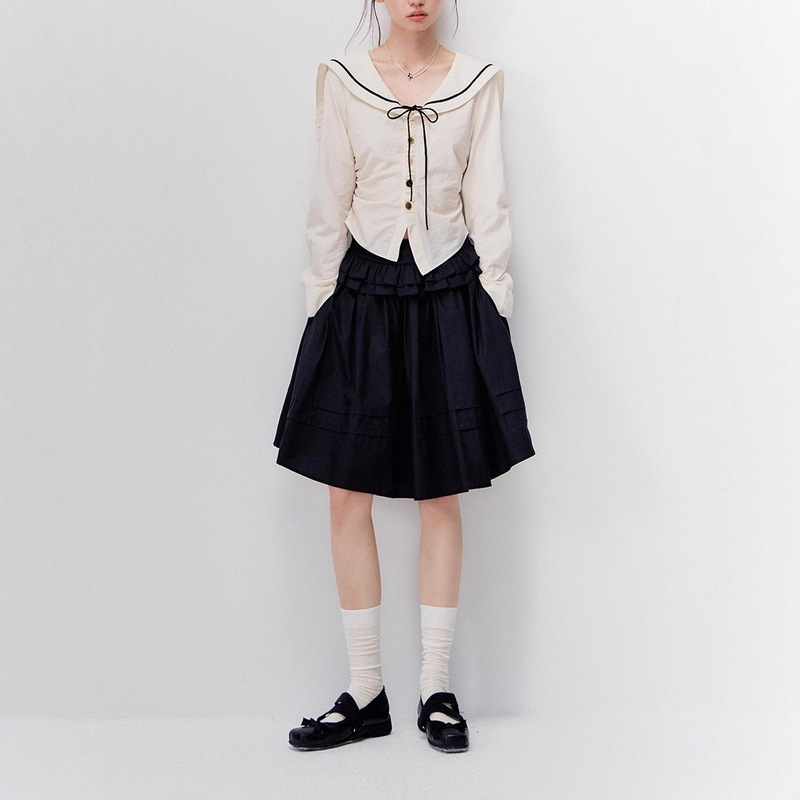 Summer and Autumn Original Design Elegant Off-White Navy Collar Irregular Long-Sleeved Bottoming Shirt for Women