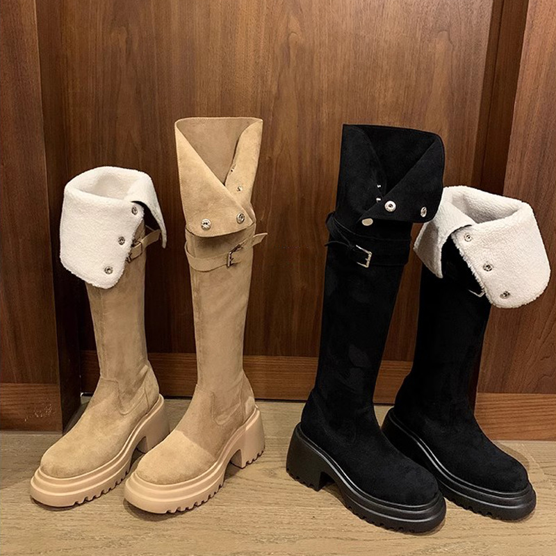 Su Yinyin mismo estilo ~ Otoño e invierno 8cm botas altas de tacón grueso de piel de cordero de suela gruesa botas delgadas elásticas por encima de la rodilla mujeres