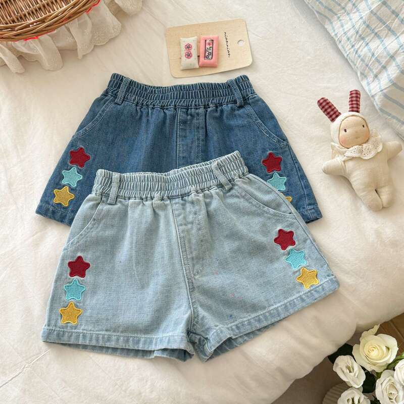 Girls' Star Patchwork Colorful Denim Shorts 2026 Summer Stylish Cute Cool Breathable Straight Shorts Trendy