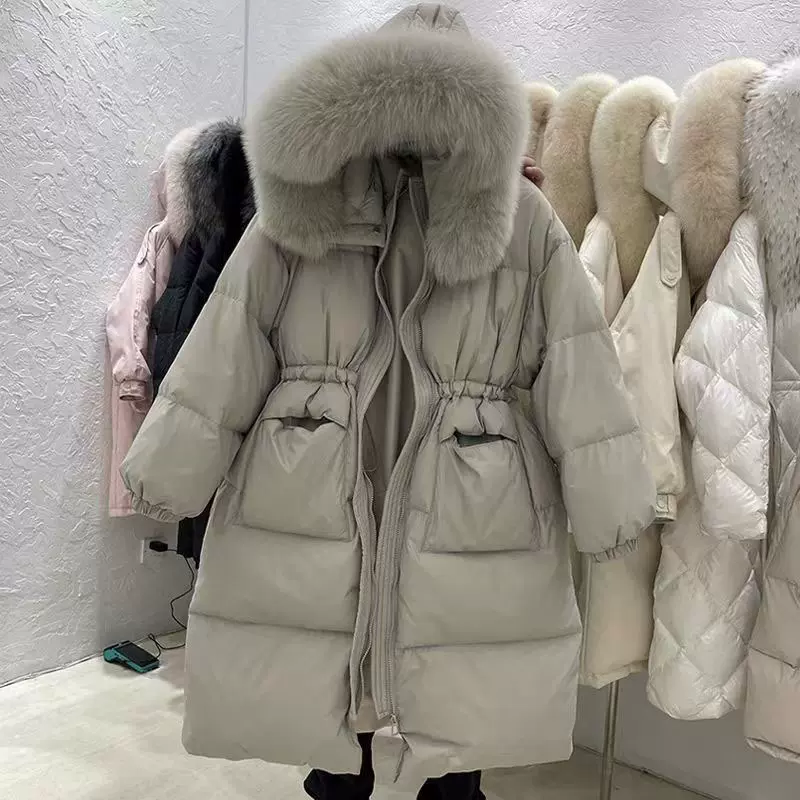 平湖羽绒服女中长款设计感时尚90白鸭绒过膝加厚冬季外套地摊批发
