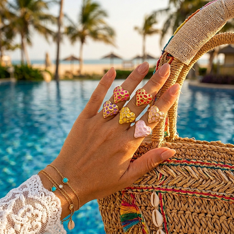 TENA Europa y los Estados Unidos transfronterizos dopamina color de verano color goteo de aceite amor anillo de joyería de mano de vacaciones de playa al por mayor