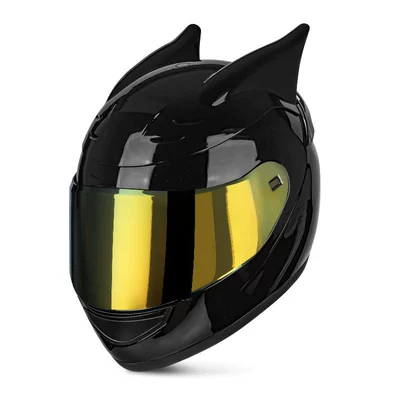 Motosiklet kaskı (dəbilqə) — Helmet with Dragon Horns, Universal - bright-black-dragon-horn-gold-plated-lenses-s