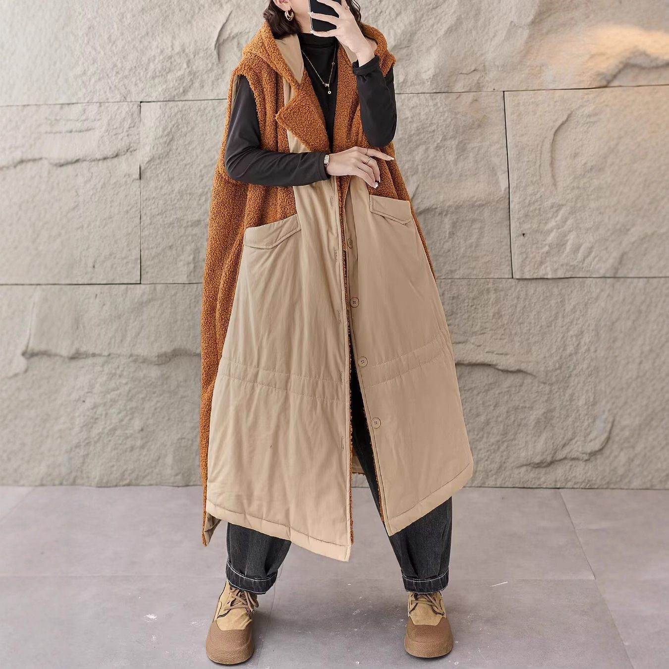 拼接撞色马甲 2025冬季新款 时尚连帽中长款保暖外套女马夹潮0618