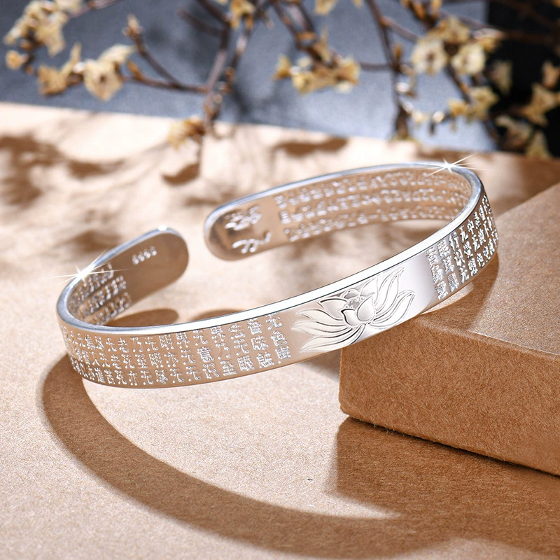 Mantra bracelet female opening lotus, Thai silver solid, retro country-style cuff 13 cm