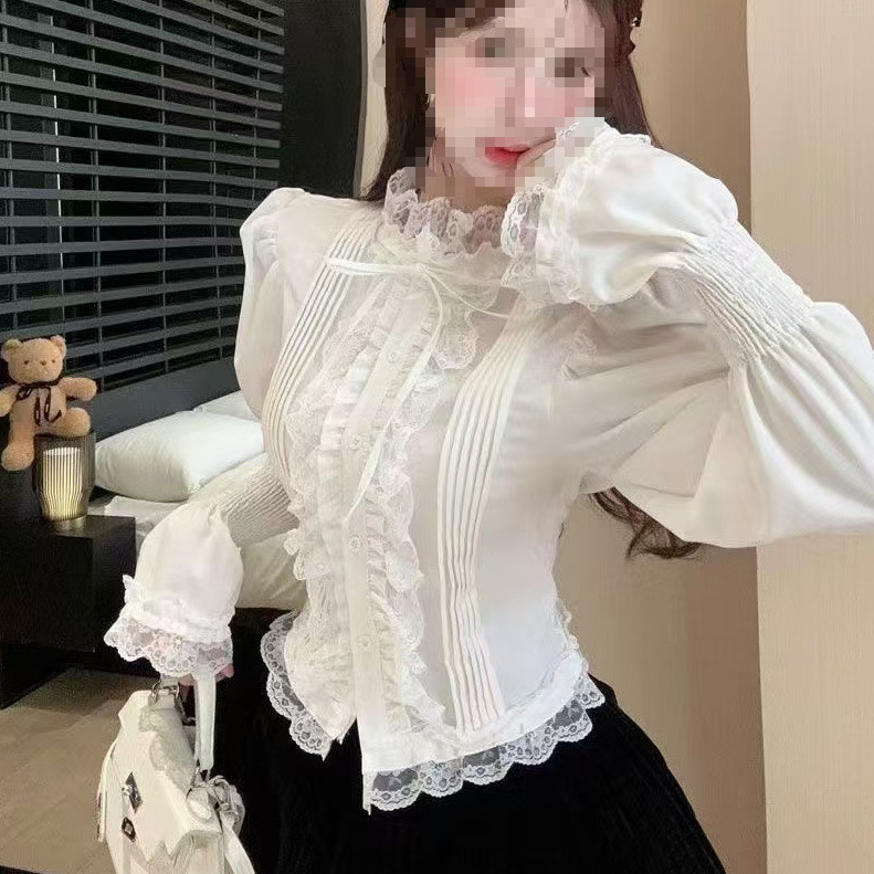 Chanel-Style Flared Puff Sleeve Shirt for Women, Spring and Autumn French Court Style Half-High Collar Top, Lace Base Layer Shirt