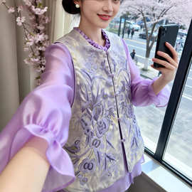 人丝提花定珠花鸟刺绣圆领百搭小马甲复古新中式国风古典雅韵马夹