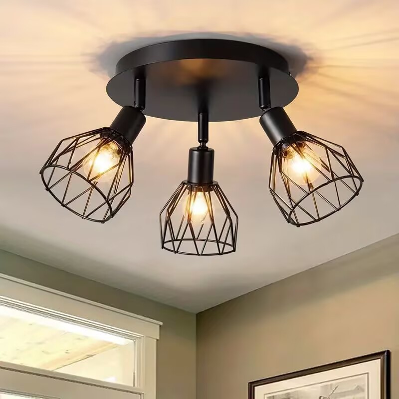 Amazon Three-Head Diamond Hollow Iron Lampshade American Industrial Style Bedroom Dining Room Living Room Aisle Ceiling Lamp