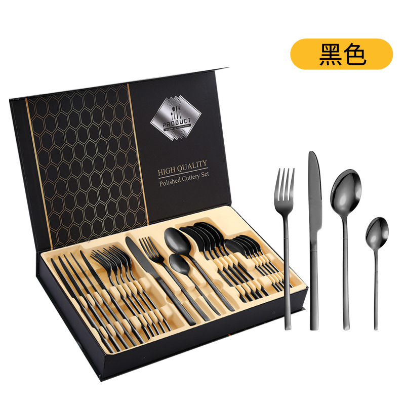 Amazon Venta caliente vajilla de acero inoxidable 24 piezas traje transfronterizo producto Caballero 4 piezas principales cuchillo de comida occidental, tenedor y cuchara traje