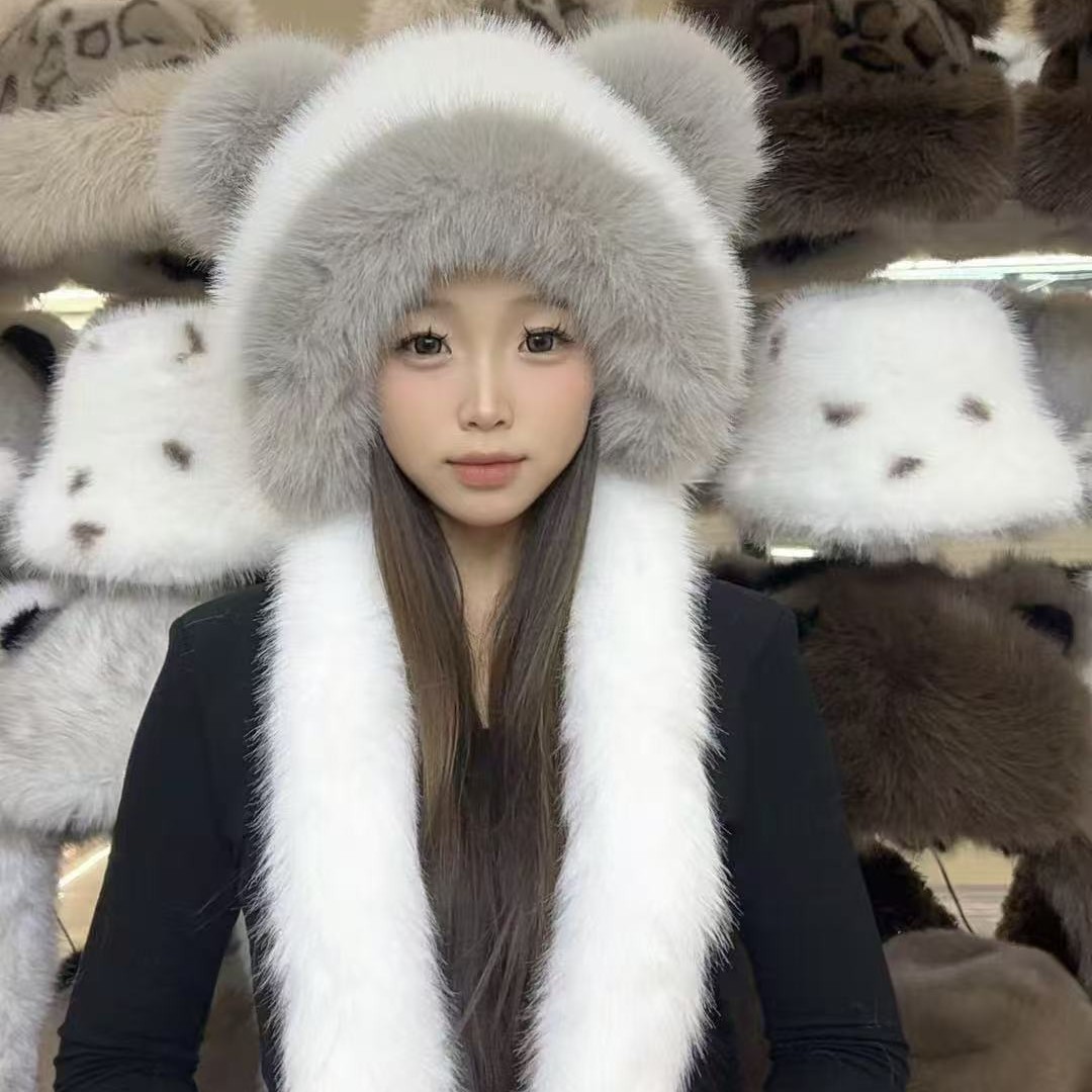 New Color-Blocked Bear Cute Imitation Fox Fur Hat for Women in Autumn and Winter Warm and Thickeneded Face-Showing Small Plush Ear Protection Hat