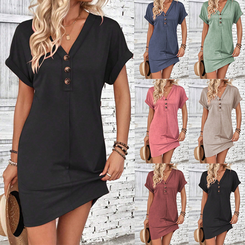 2026 European and American Amazon Cross-Border Summer Women's Fashion Versatile Buckle V-Neck Raglan Sleeve Solid Color Dress 2026 European and American Amazon Cross-Border Summer Women's Fashion Versatile Buckle V-Neck Raglan Sleeve Solid Color Dress