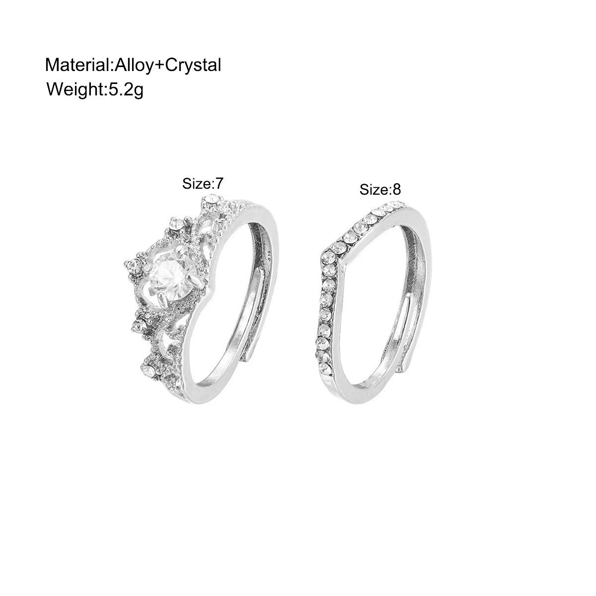 Princess Wedding Ring Set, 2-Piece Adjustable Open Band, Simple Elegant Design, One Size