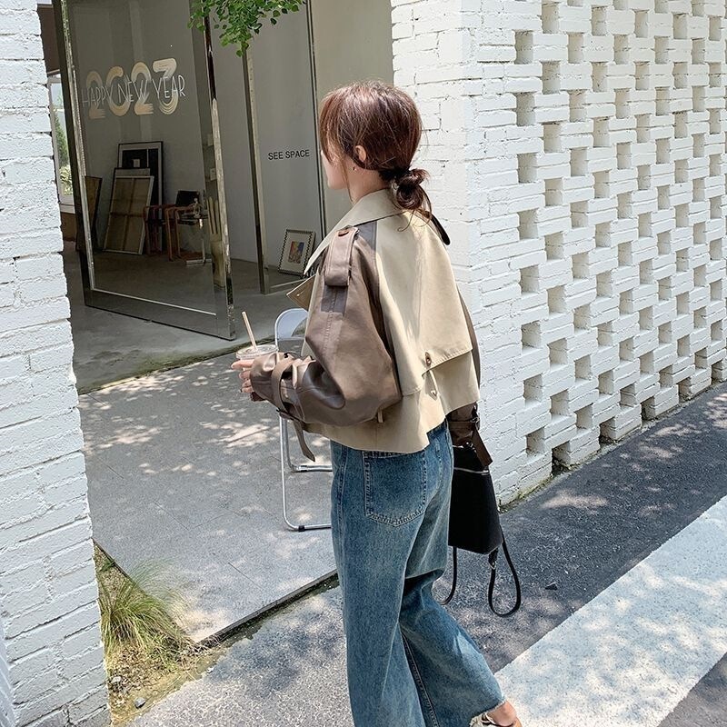 Women's Trench Coat 2025 Spring and Autumn New Style, Unique and Elegant, High-end, Goddess-like, PU Leather Patchwork Short Cardigan Women's Trench Coat 2025 Spring and Autumn New Style, Unique and Elegant, High-end, Goddess-like, PU Leather Patchwork Short Cardigan