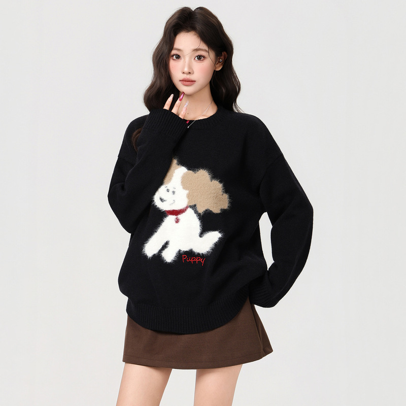 Black Sweet and Cute Puppy Embroidered Pullover Sweater for Women 2026 Autumn and Winter Loose Thickened Long-Sleeved Knit Top