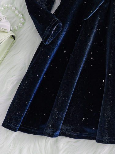 Autumn and winter youth retro V long-sleeved solid color sequined birthday party dress short-sleeved skirt dress Dress