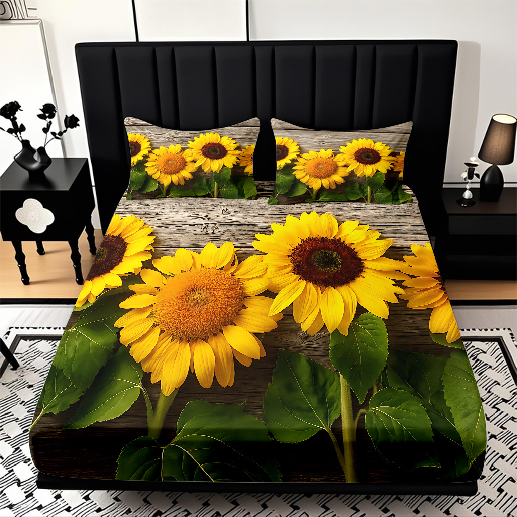 Comercio exterior transfronterizo textil doméstico patrón de girasol impresión digital 3D cama de molienda de tres piezas JIT modelo Temu