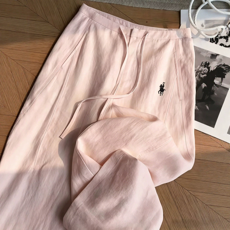 Women's summer thin high-waisted linen straight pants with pony embroidery, loose fit, casual style, versatile, old money style Women's summer thin high-waisted linen straight pants with pony embroidery, loose fit, casual style, versatile, old money style