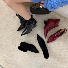 法式气质高跟短靴女坡跟尖头瘦瘦靴秋冬小众气质软皮粗哑巴弹力靴