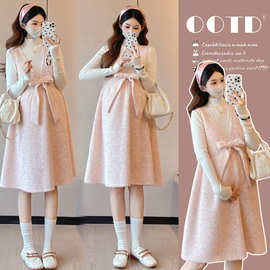 实拍2025秋冬新款孕妇装韩版宽松大码毛呢蝴蝶结背心裙+打底毛衣